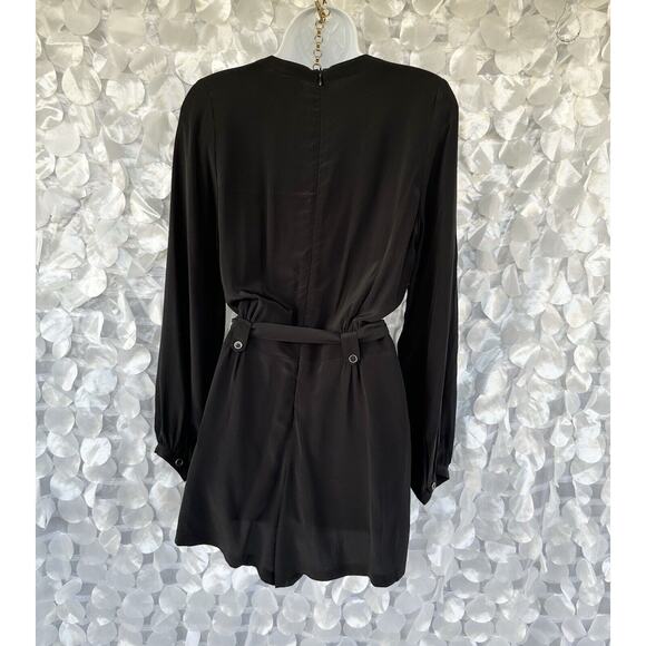 Yumi Kim 100% Silk Small Black Long Sleeve Romper V Neck Belted Low Cut - Picture 5 of 12